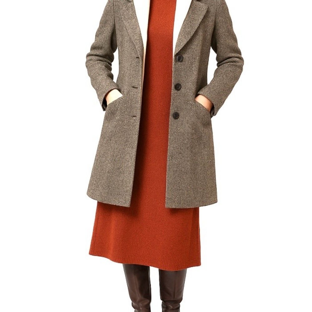 THEORY 100% Wool Tweed Peacoat Midi Length Coat Black White, Women’s Medium